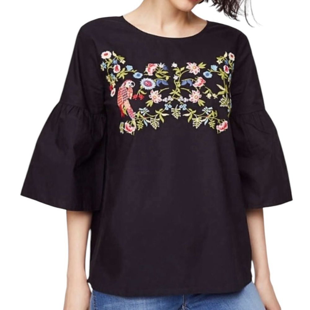 Loft Embroidered Bell Sleeve Floral Parrot Blouse Size XS - Picture 1 of 7